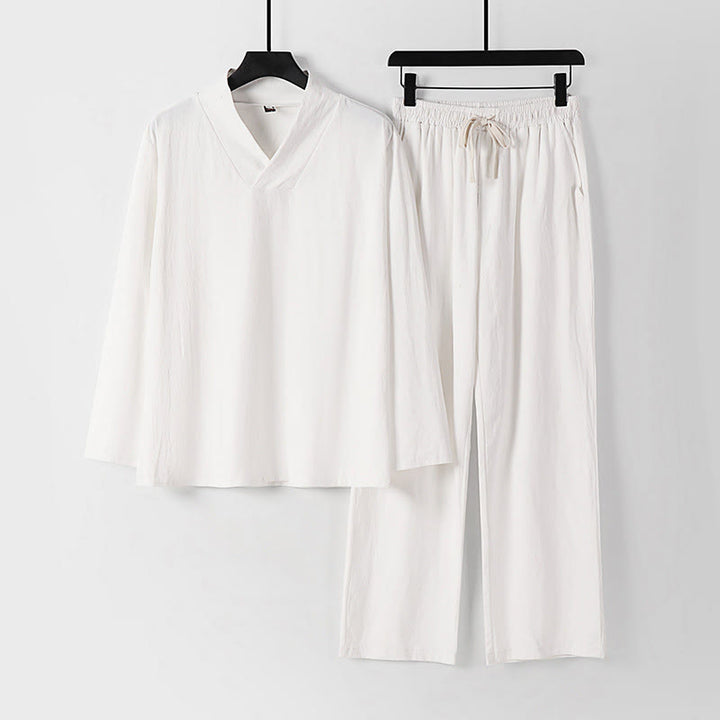 Buddha Stones Cross-Collars Cotton Tang Suit Hanfu Top Pants Clothing Men's Set - White - US/UK/AU54，EU64 (9XL) - image 16