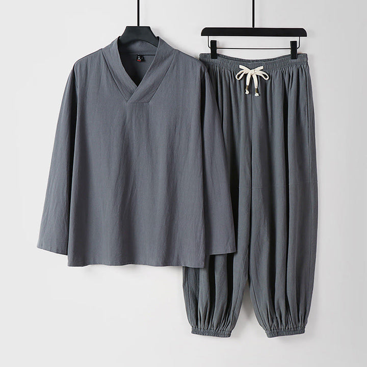 Buddha Stones Cross-Collars Cropped Bloomers Cotton Tang Suit Hanfu Top Pants Clothing Men's Set - Gray - US/UK/AU54，EU64 (9XL) - image 22
