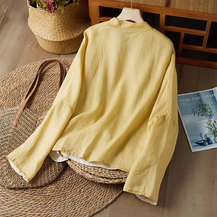 Buddha Stones PLUS SIZE V Neck Casual Solid Color Long Sleeve Shirt Cotton Linen Women's Shirts - image 1