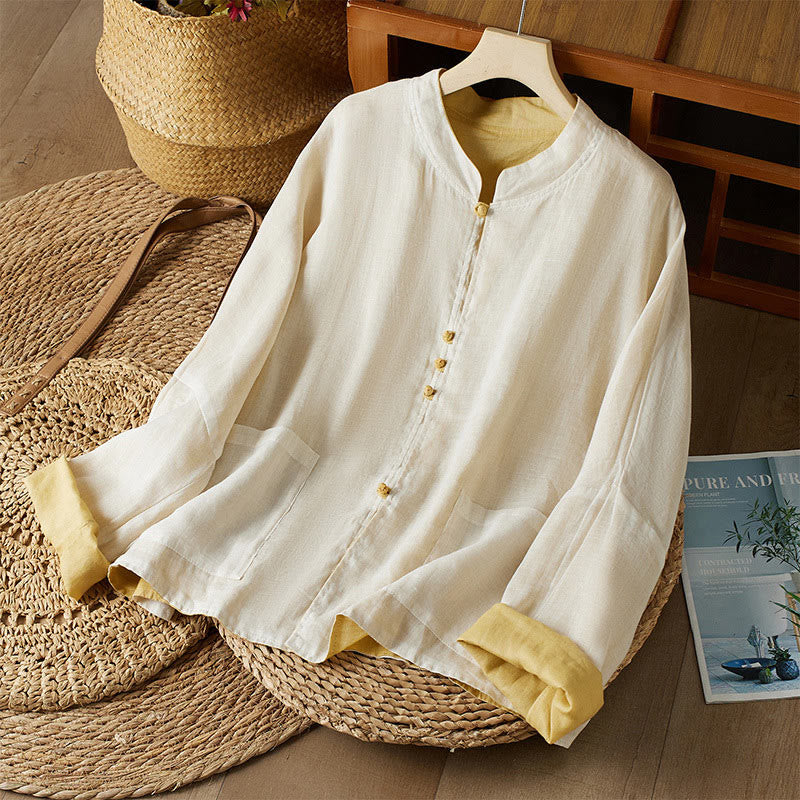 Buddha Stones PLUS SIZE V Neck Casual Solid Color Long Sleeve Shirt Cotton Linen Women's Shirts - image 8
