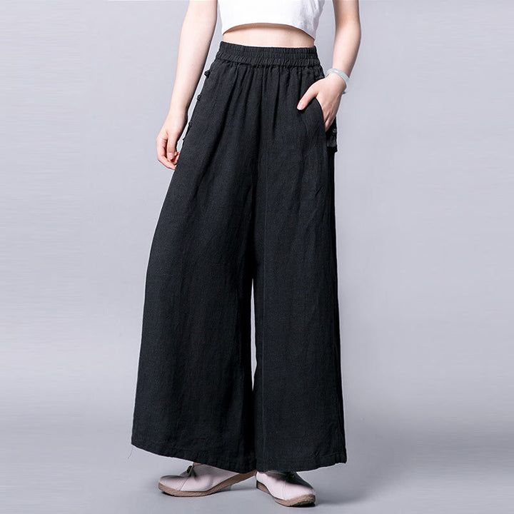 Buddha Stones Casual Frog-Button High Waist Wide Leg Pants With Pockets - Black - US12，UK/AU16，EU44 (3XL) - image 8