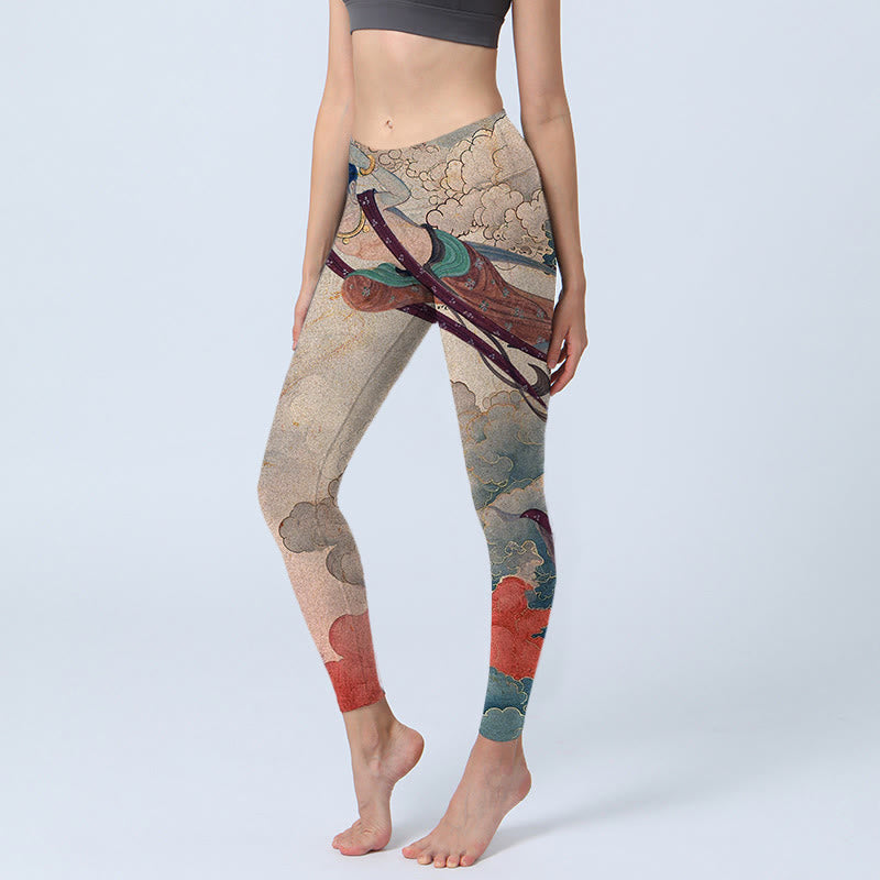 Buddha Stones Dunhuang Flying Apsaras Auspicious Clouds Print Fitness Leggings Women's Yoga Pants - Tan - US18，UK/AU22，EU50 (4XL) - image 0