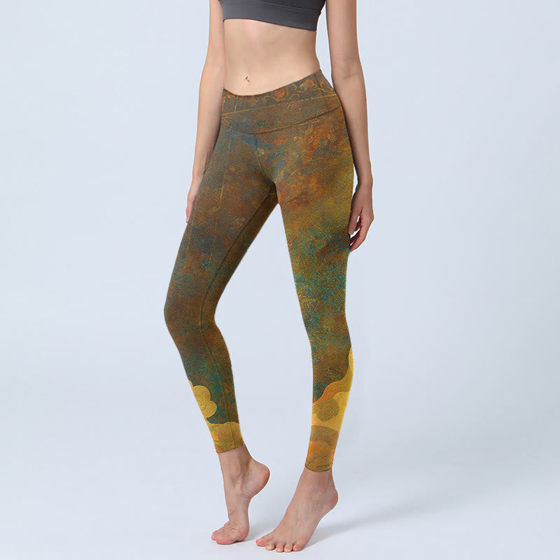 Buddha Stones Auspicious Clouds Print Lycra Fabric Fitness Leggings Women's Yoga Pants - DarkGoldenrod - US18，UK/AU22，EU50 (4XL) - image 0