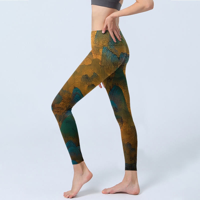 Buddha Stones Dark Goldenrod Mountain Print Fitness Leggings Women's Yoga Pants - image 2