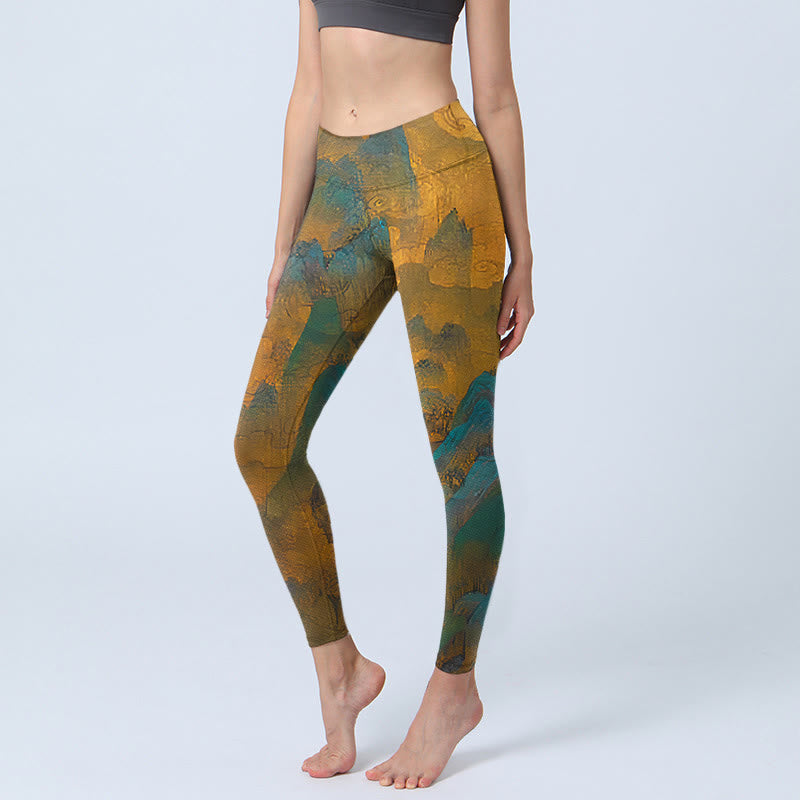 Buddha Stones Dark Goldenrod Mountain Print Fitness Leggings Women's Yoga Pants - Dark Goldenrod - US18，UK/AU22，EU50 (4XL) - image 0
