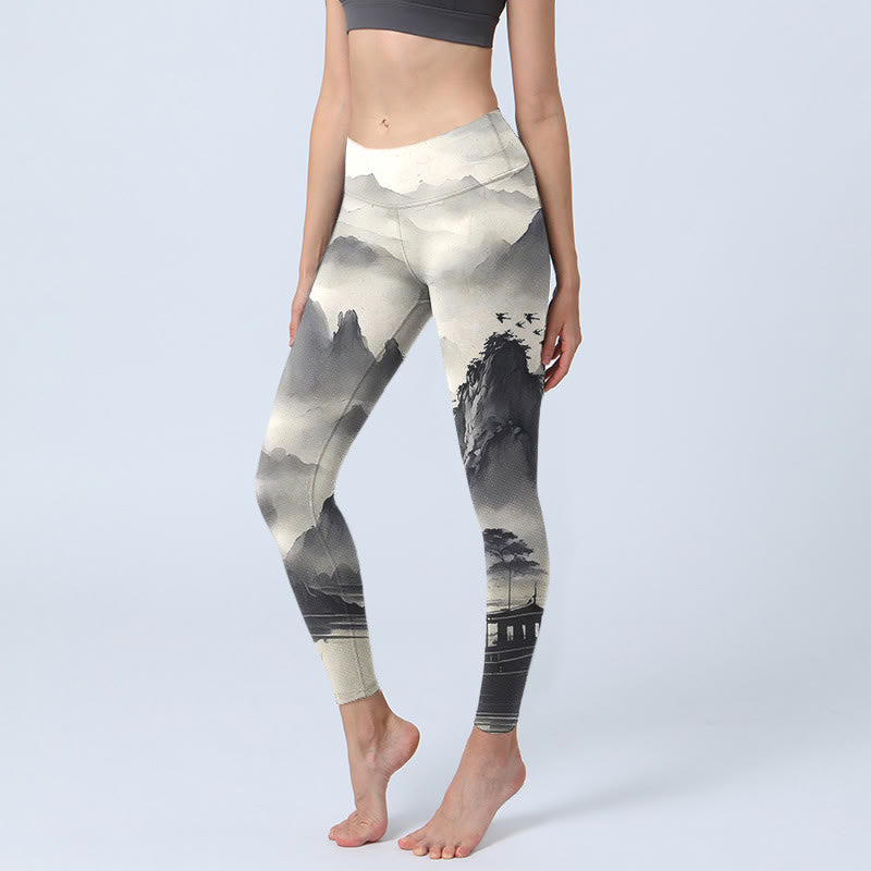 Buddha Stones Splash-ink Landscape Painting Print Fitness Leggings Women's Yoga Pants - Ink Landscape - US18，UK/AU22，EU50 (4XL) - image 0