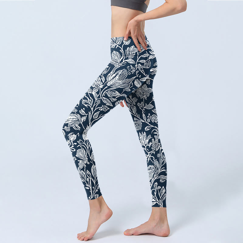 Buddha Stones Dark Blue Flower Print Fitness Leggings Women's Yoga Pants - image 2