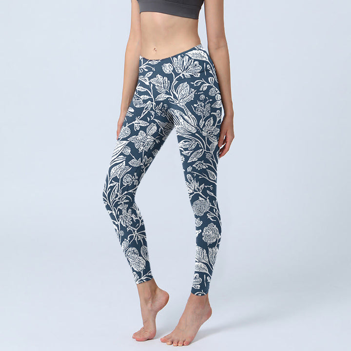 Buddha Stones Dark Blue Flower Print Fitness Leggings Women's Yoga Pants - SteelBlue - US18，UK/AU22，EU50 (4XL) - image 0