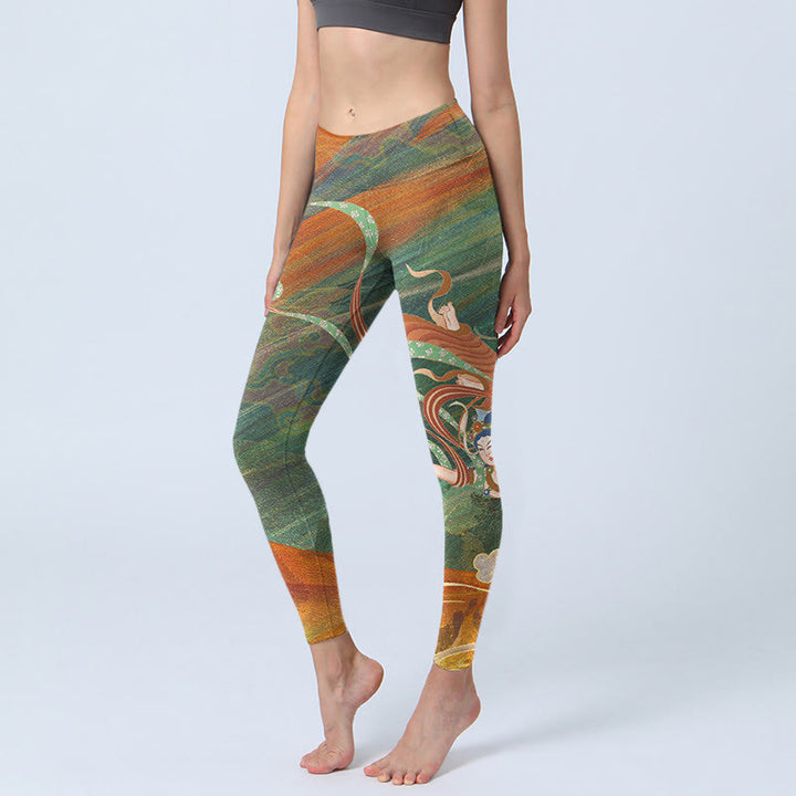 Buddha Stones Dunhuang Flying Apsaras Print Gym Leggings Women's Yoga Pants - OliveDrab - US18，UK/AU22，EU50 (4XL) - image 0