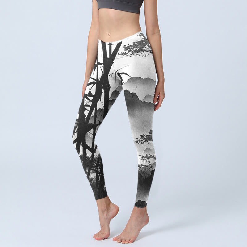 Buddha Stones Ink Painting Bamboo Pine Mountain Scenery Print Gym Leggings Women's Yoga Pants - DarkGray - US18，UK/AU22，EU50 (4XL) - image 0