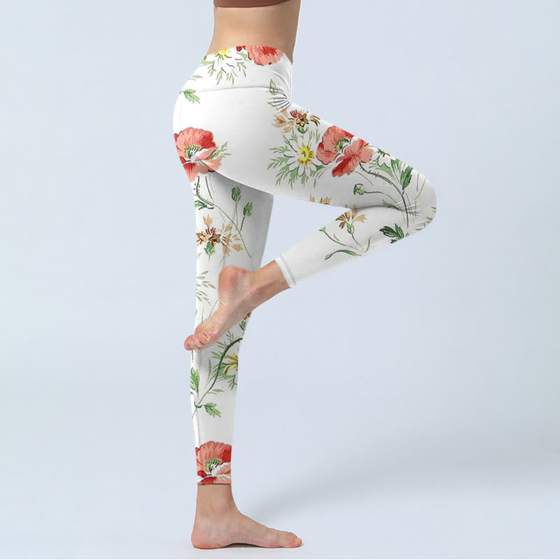 Buddha Stones White Daisy Red Flower Print Sports Leggings Women's Yoga Pants - image 3