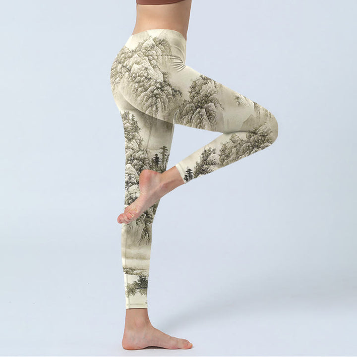 Buddha Stones Mountain Tree River Scenery Print Sports Leggings Women's Yoga Pants - image 2