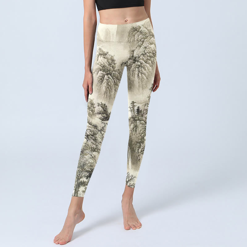 Buddha Stones Mountain Tree River Scenery Print Sports Leggings Women's Yoga Pants - image 5