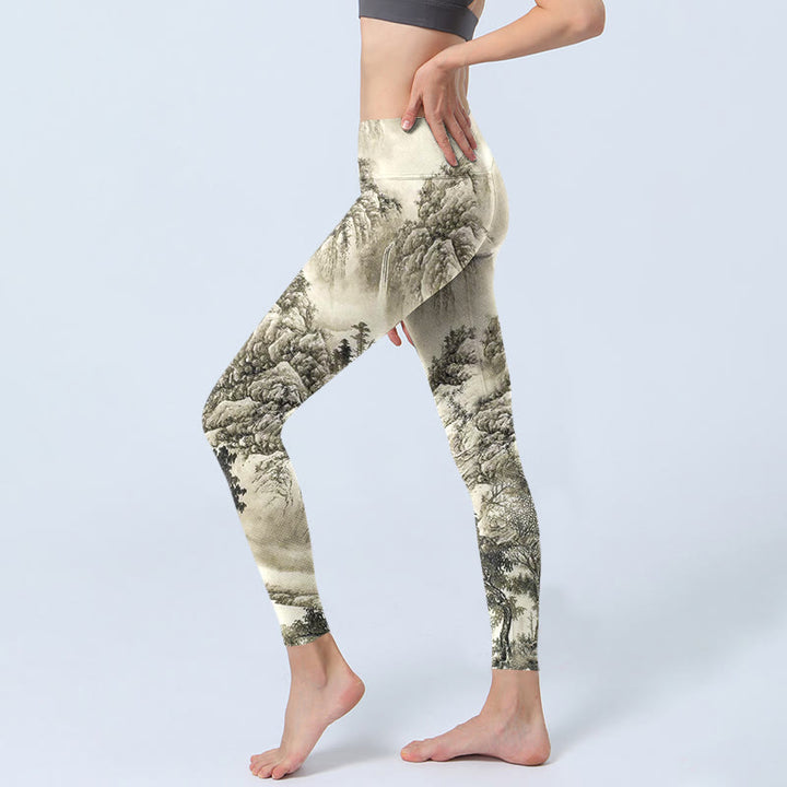 Buddha Stones Mountain Tree River Scenery Print Sports Leggings Women's Yoga Pants - image 3