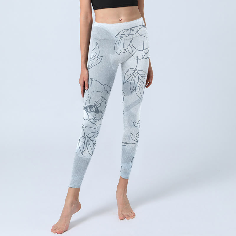 Buddha Stones Peony Flower Leaves Print Gym Leggings Women's Yoga Pants - image 5
