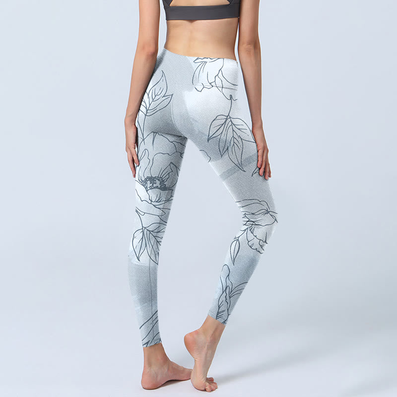 Buddha Stones Peony Flower Leaves Print Gym Leggings Women's Yoga Pants - image 4