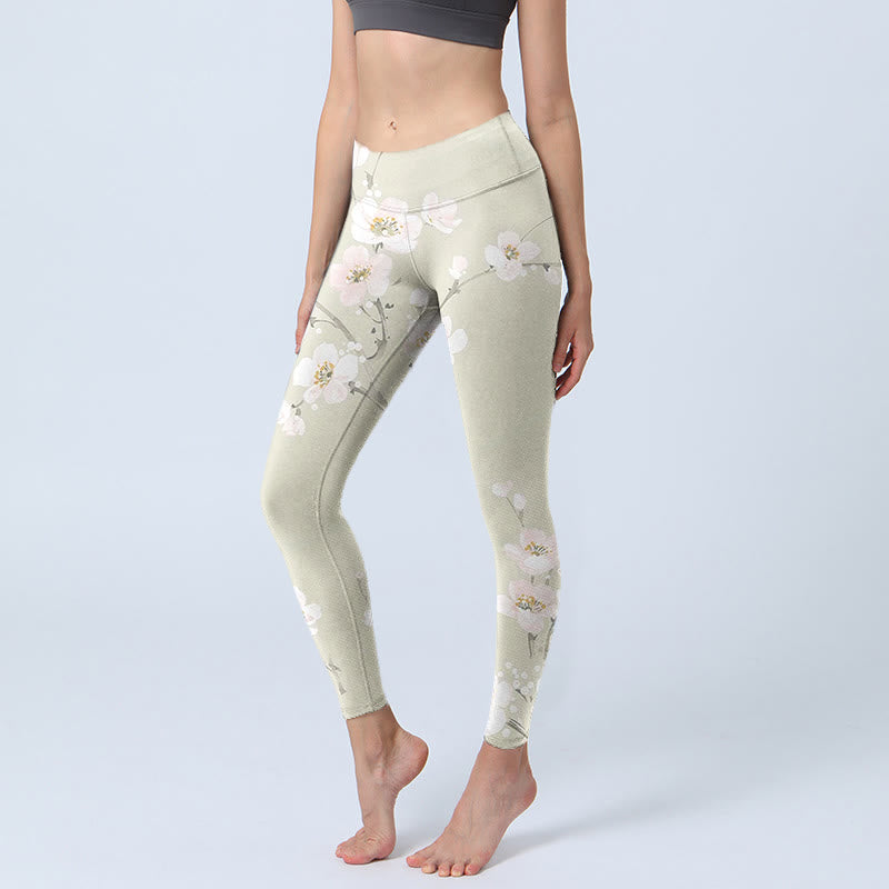 Buddha Stones Beige Plum Blossoms Print Gym Leggings Women's Yoga Pants - Beige - US18，UK/AU22，EU50 (4XL) - image 0