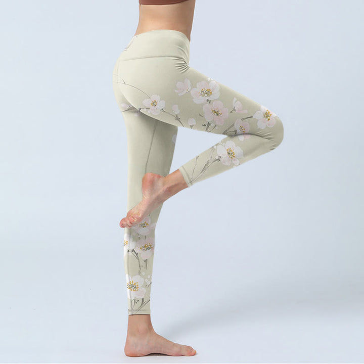 Buddha Stones Beige Plum Blossoms Print Gym Leggings Women's Yoga Pants - image 3