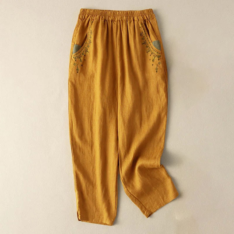 Buddha Stones Vintage Embroidery Elastic Waist Capri Harem Pants With Pockets - Yellow - US14，UK/AU18，EU46 (4XL) - image 0