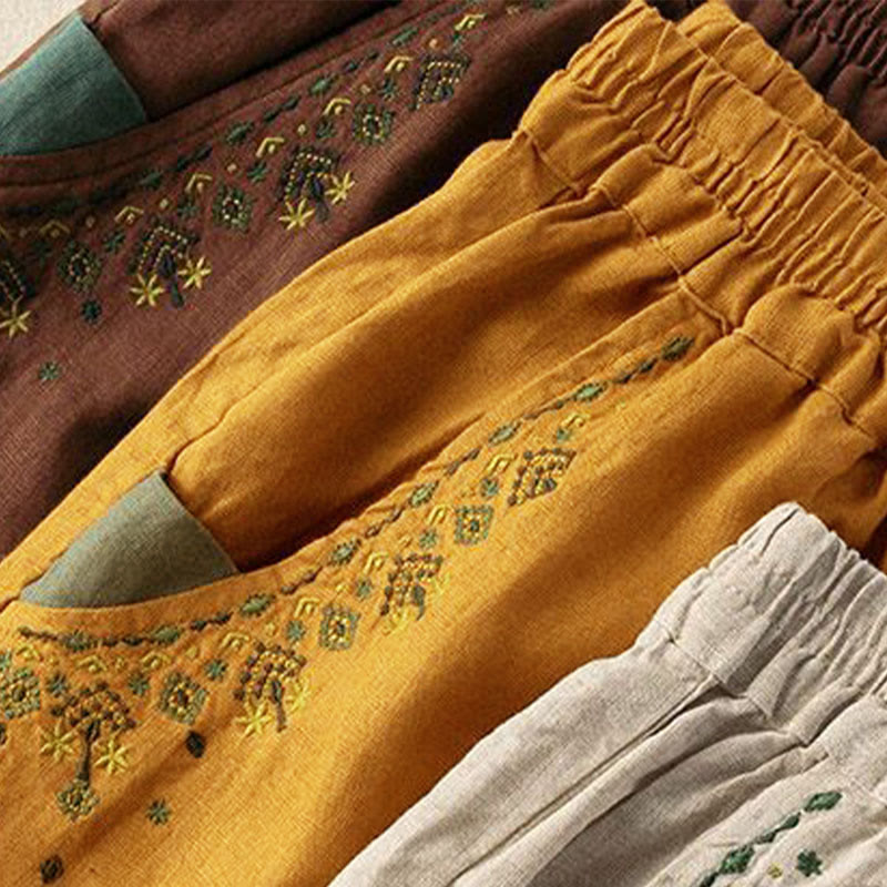 Buddha Stones Vintage Embroidery Elastic Waist Capri Harem Pants With Pockets - image 1