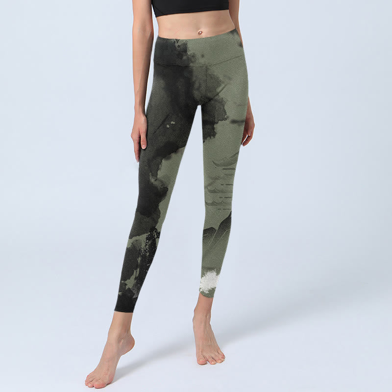 Buddha Stones Ink Painting Mountain Pavilion Print Fitness Leggings Women's Yoga Pants - image 6