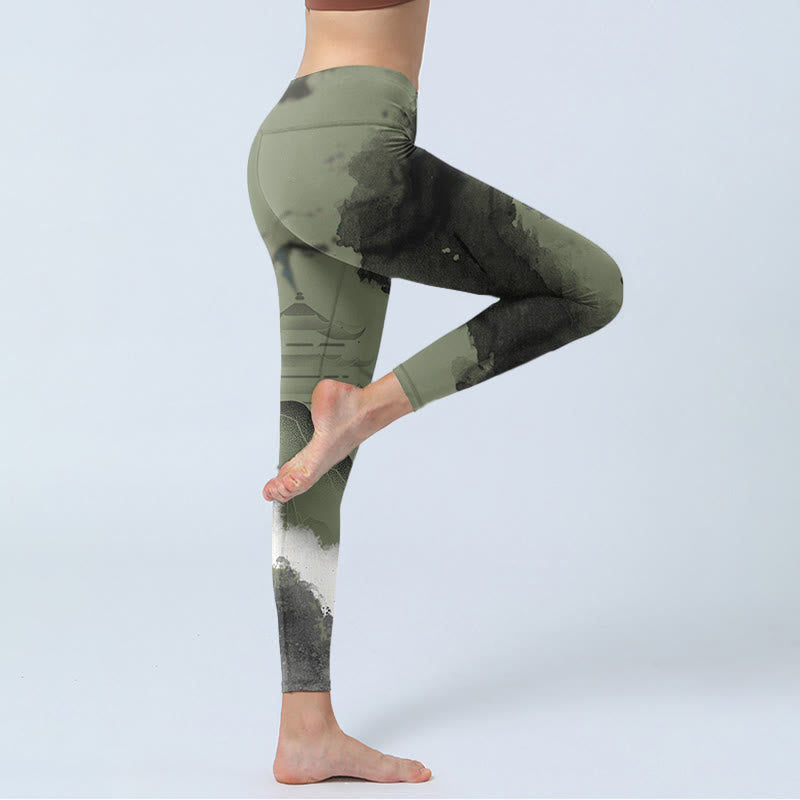 Buddha Stones Ink Painting Mountain Pavilion Print Fitness Leggings Women's Yoga Pants - image 4