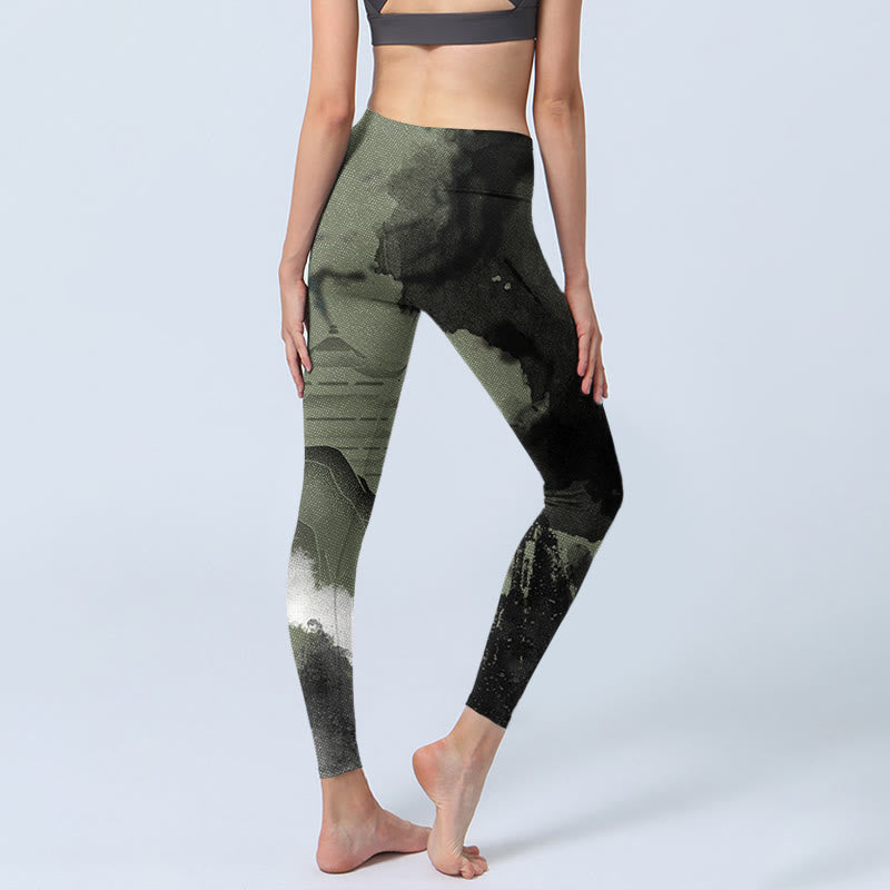 Buddha Stones Ink Painting Mountain Pavilion Print Fitness Leggings Women's Yoga Pants - image 5