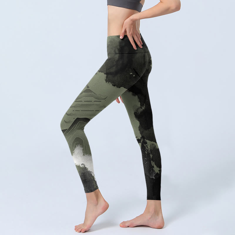 Buddha Stones Ink Painting Mountain Pavilion Print Fitness Leggings Women's Yoga Pants - image 3