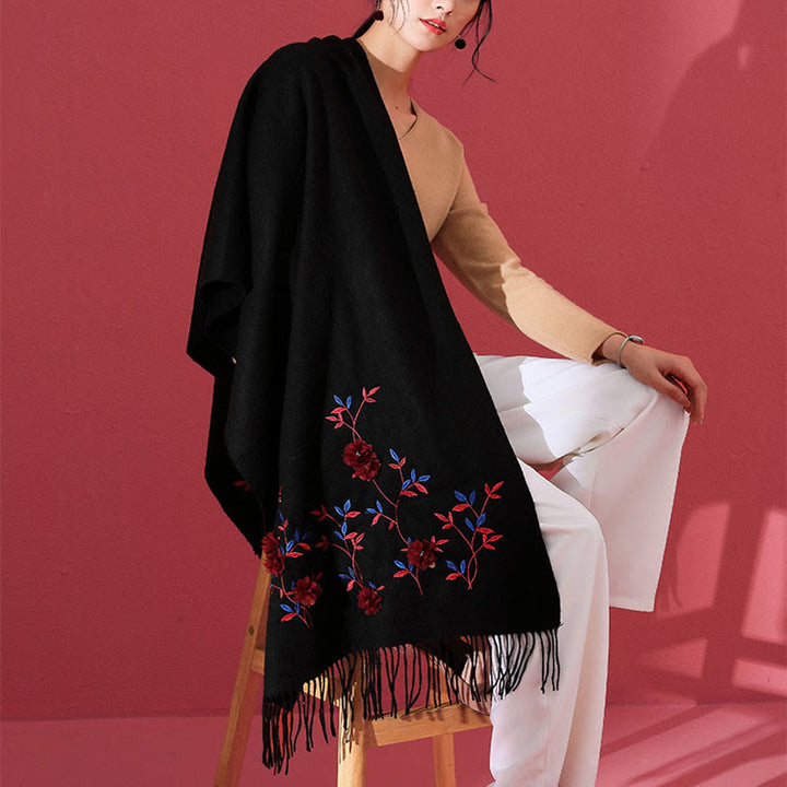 Buddha Stones Wool Shawl 3D Floral Embroidery Tassel Winter Cozy Travel Scarf Wrap - image 2