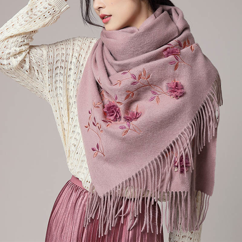 Buddha Stones Wool Shawl 3D Floral Embroidery Tassel Winter Cozy Travel Scarf Wrap - RosyBrown - 200*60cm - image 6