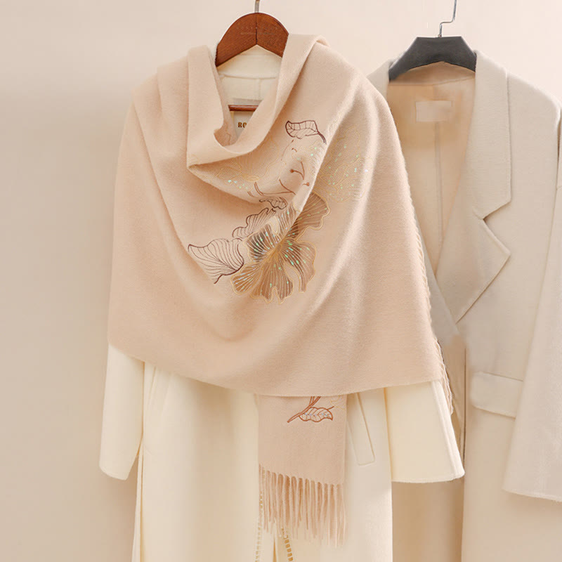 Buddha Stones Wool Shawl Big Flower Sequins Embroidery Tassel Winter Cozy Travel Scarf Wrap - PeachPuff - 200*60cm - image 0
