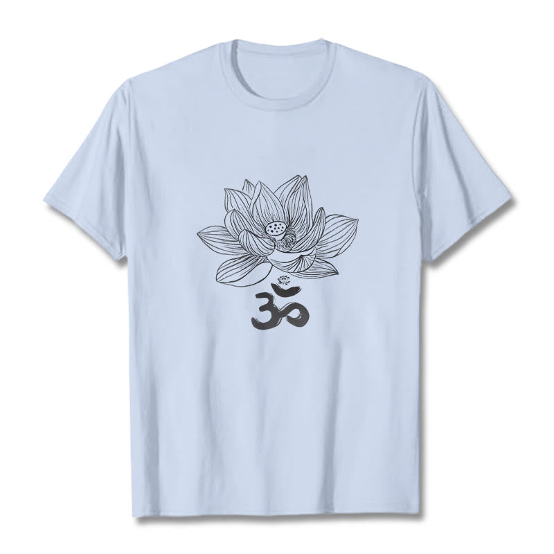 Buddha Stones Om Lotus Sketch Cotton Tee T-shirt - LightCyan - 2XL - image 13