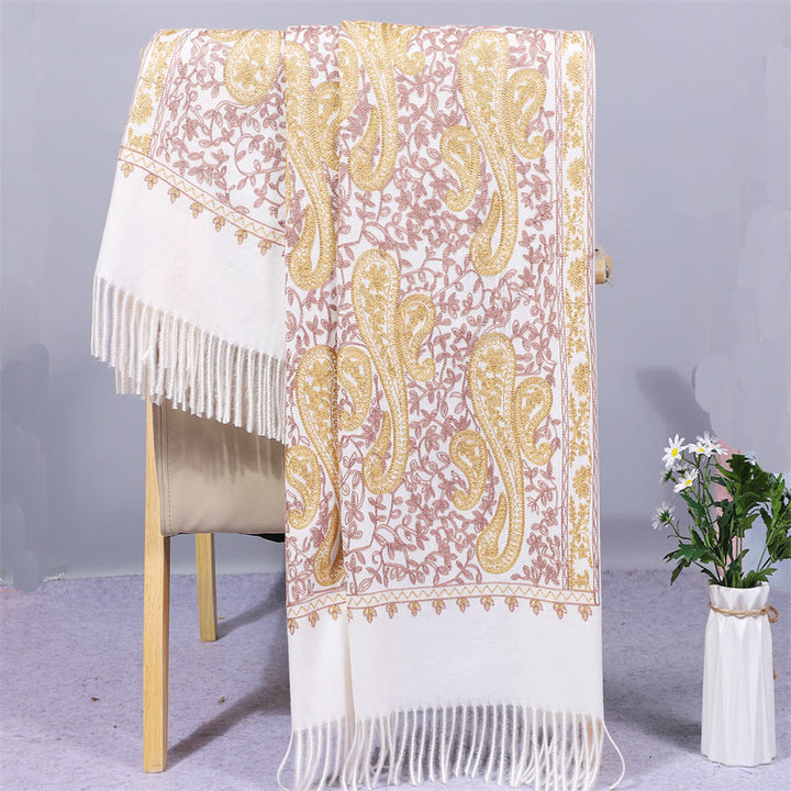 Buddha Stones Rayon Fabric Shawl Golden Cashew Flowers Embroidery Tassel Winter Cozy Travel Scarf Wrap - White - 200*70cm - image 3