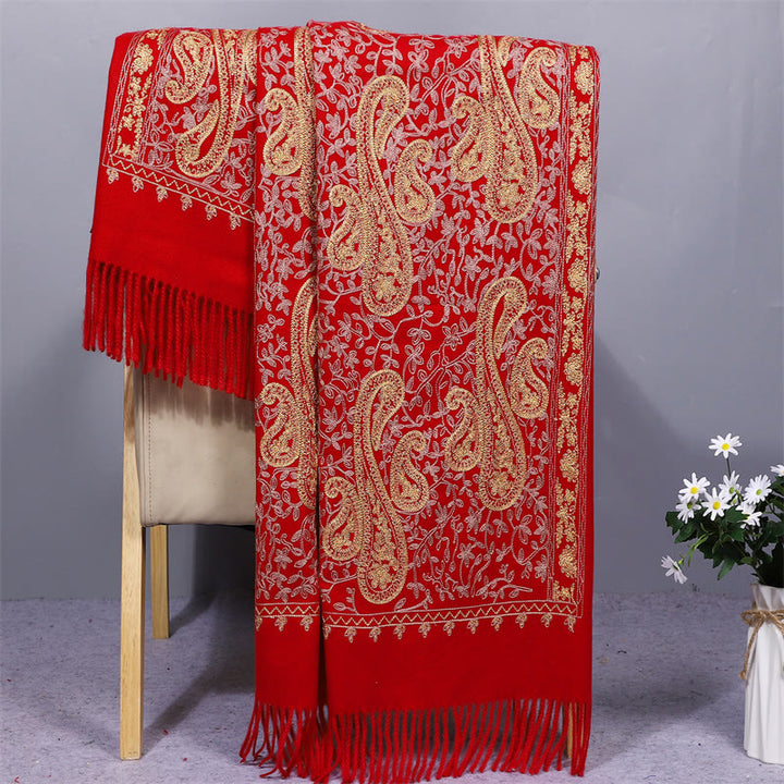 Buddha Stones Rayon Fabric Shawl Golden Cashew Flowers Embroidery Tassel Winter Cozy Travel Scarf Wrap - FireBrick - 200*70cm - image 1