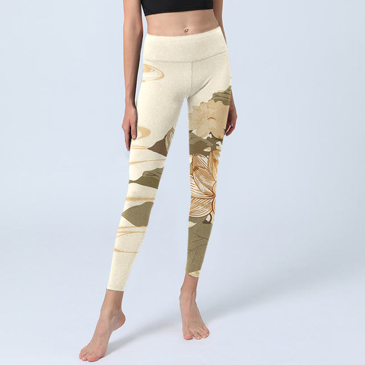 Buddha Stones Beige Lotus Flower Print Gym Fitness Leggings Women's Yoga Pants - image 5
