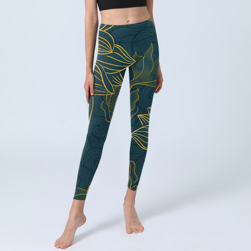 Buddha Stones Gray Golden Koi Fish Lotus Print Gym Leggings Women's Yoga Pants - image 6