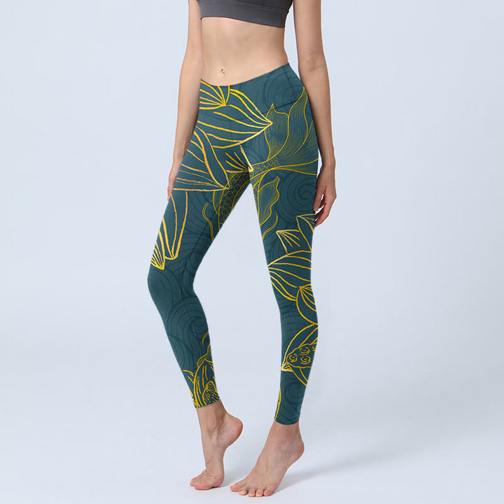 Buddha Stones Gray Golden Koi Fish Lotus Print Gym Leggings Women's Yoga Pants - CadetBlue - US18，UK/AU22，EU50 (4XL) - image 0