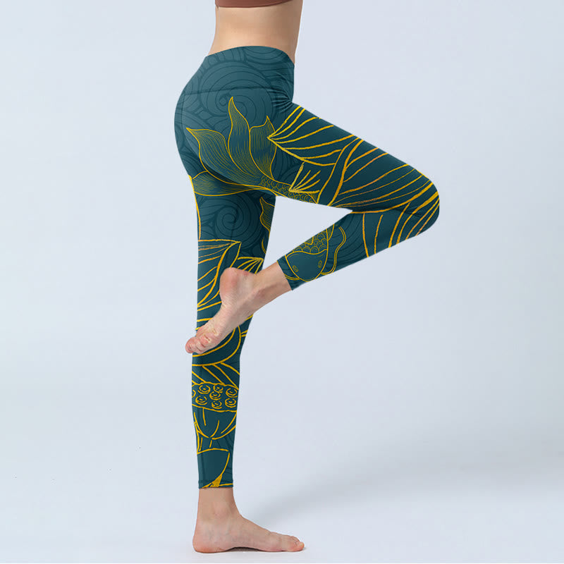 Buddha Stones Gray Golden Koi Fish Lotus Print Gym Leggings Women's Yoga Pants - image 4