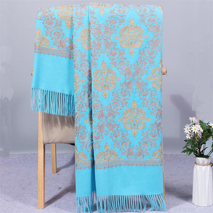 Buddha Stones Polyester Shawl Symmetry Gold Filigree Embroidery Tassel Winter Cozy Travel Scarf Wrap - LightSkyBlue - 200*70cm - image 8