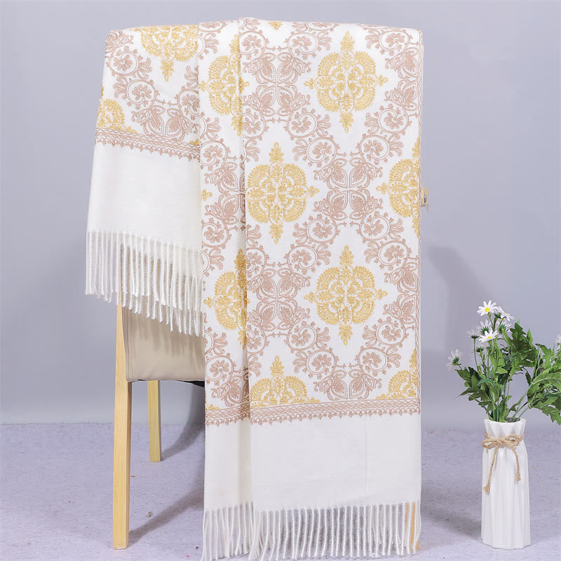 Buddha Stones Polyester Shawl Symmetry Gold Filigree Embroidery Tassel Winter Cozy Travel Scarf Wrap - White - 200*70cm - image 3