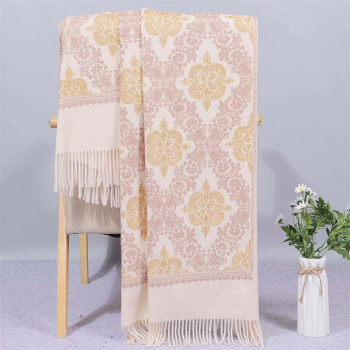 Buddha Stones Polyester Shawl Symmetry Gold Filigree Embroidery Tassel Winter Cozy Travel Scarf Wrap - Linen - 200*70cm - image 2