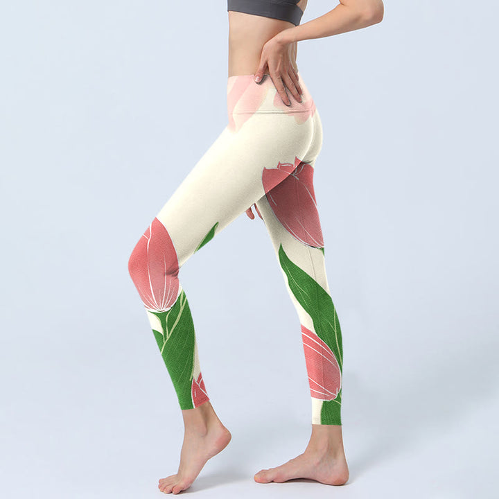 Buddha Stones Pink Tulip Flower Print Gym Fitness Leggings Women's Yoga Pants - image 3