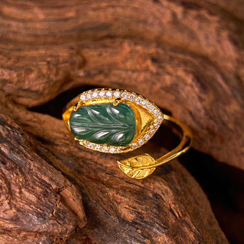 Buddha Stones Copper Plated Gold Natural Jade Leaf Prosperity Adjustable Ring - image 3