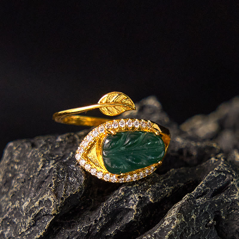 Buddha Stones Copper Plated Gold Natural Jade Leaf Prosperity Adjustable Ring - Jade(Inner Circumference: 58-62mm) - image 0