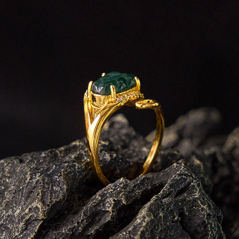 Buddha Stones Copper Plated Gold Natural Jade Leaf Prosperity Adjustable Ring - image 1