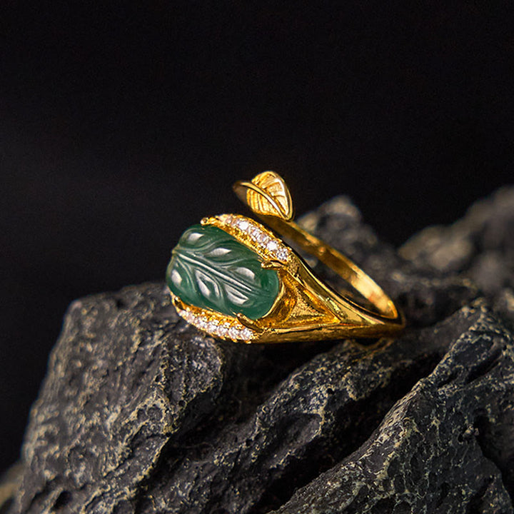Buddha Stones Copper Plated Gold Natural Jade Leaf Prosperity Adjustable Ring - image 2