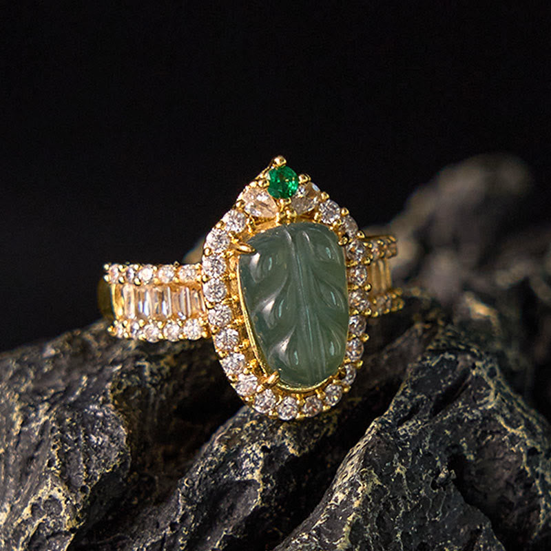 Buddha Stones Copper Plated Gold Natural Jade Leaf Full Diamond Luck Adjustable Ring - Jade(Circumference: 58-62mm) - image 0