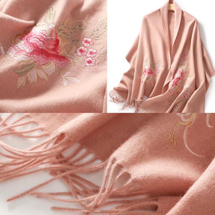 Buddha Stones Wool Shawl Red Flower Leaves Embroidery Tassel Winter Cozy Travel Scarf Wrap - image 5