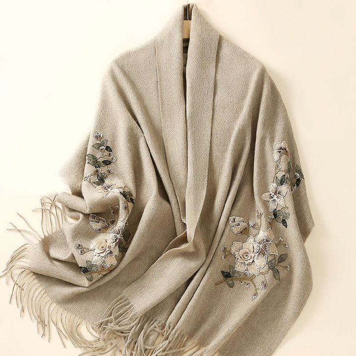 Buddha Stones Wool Shawl White Orange Flower Embroidery Tassel Winter Cozy Travel Scarf Wrap - image 9