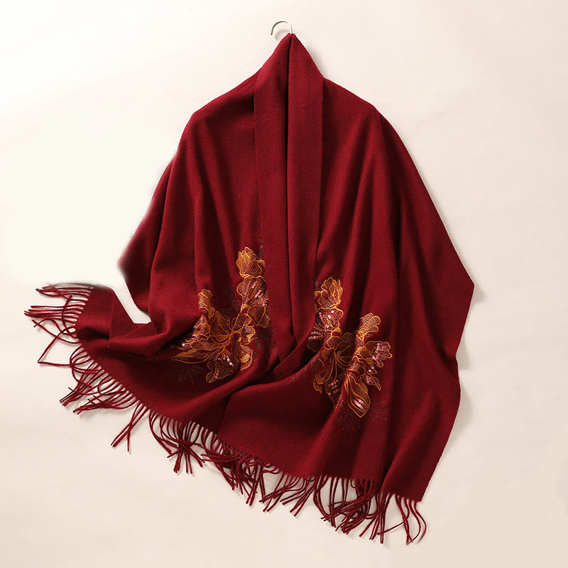 Buddha Stones Wool Shawl Flower Sequin Embroidery Tassel Winter Cozy Travel Scarf Wrap - FireBrick - 200*60cm - image 8